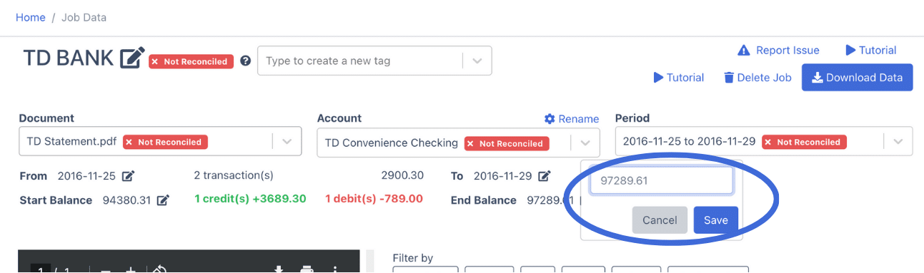 Editing bank statement