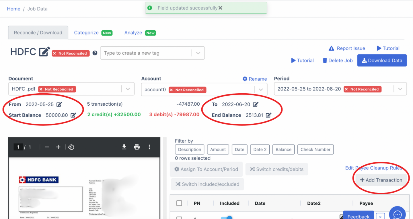 Editing fields in HDFC bank statement