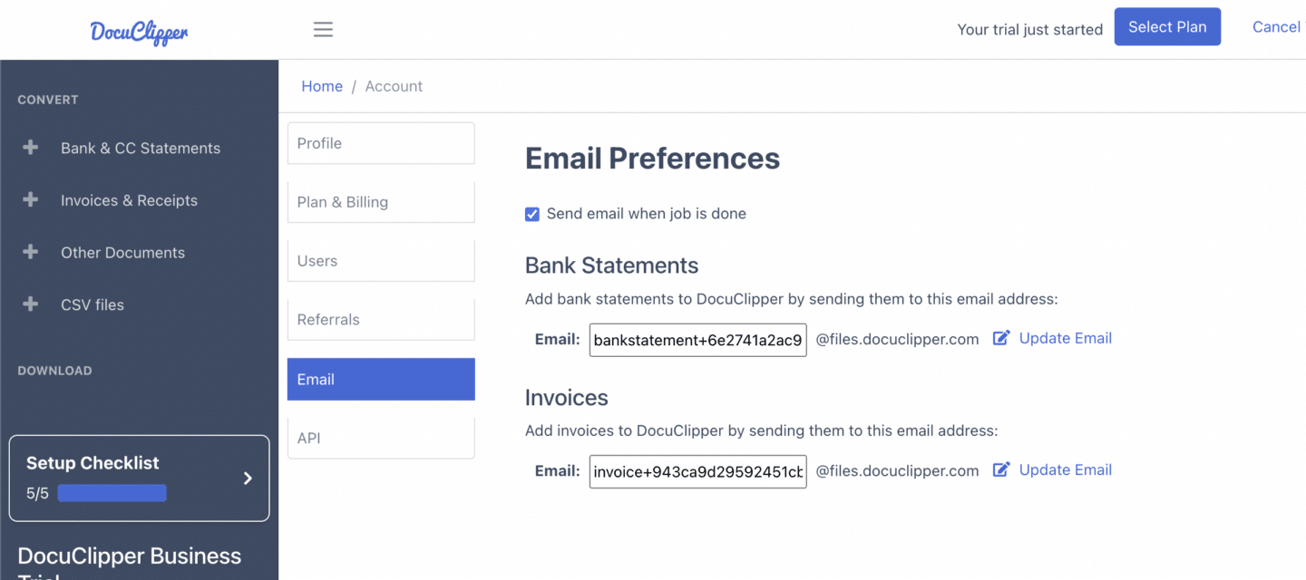 Email upload bank statement