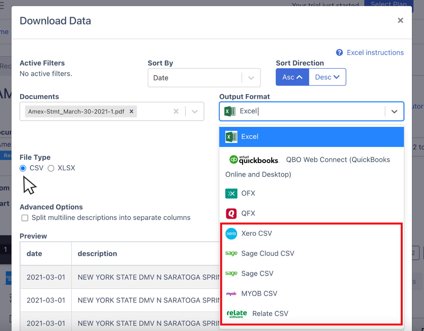 Export Amex bank statement as CSV