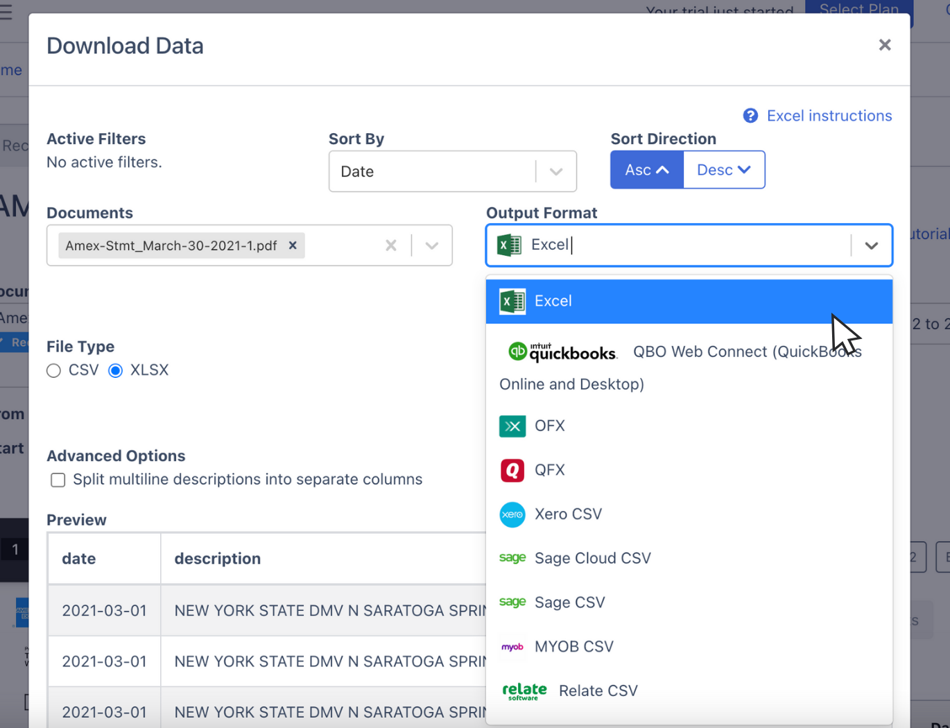 Export Amex bank statement as Excel