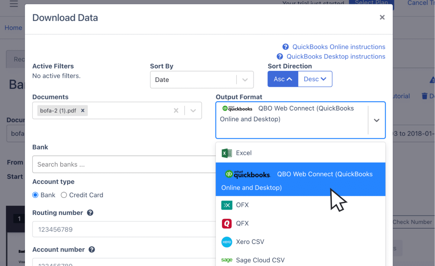 Export BoA bank statement to QBO