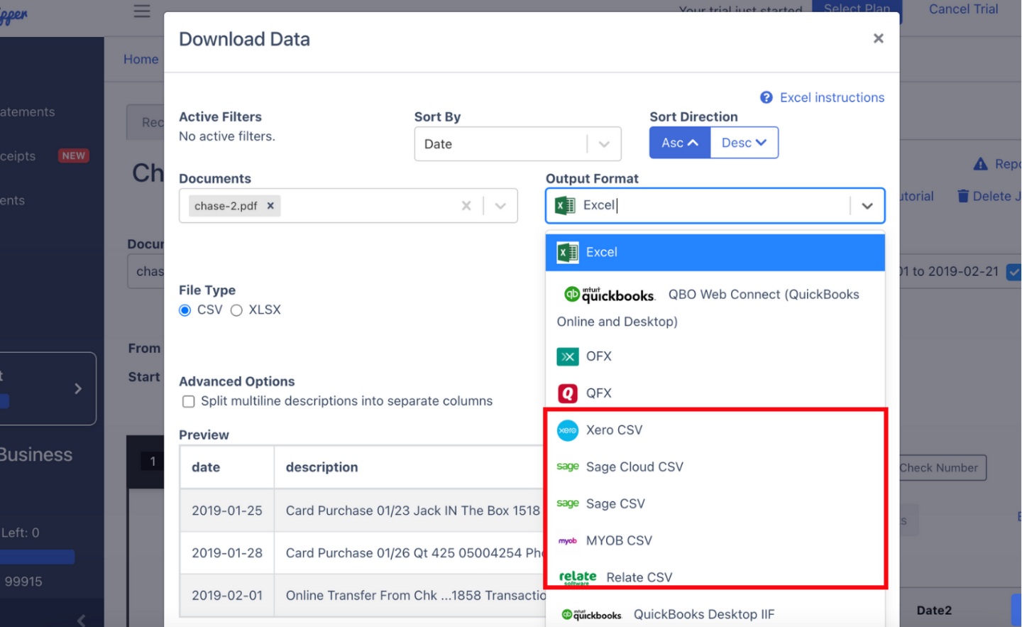 Export Chase bank statement as CSV