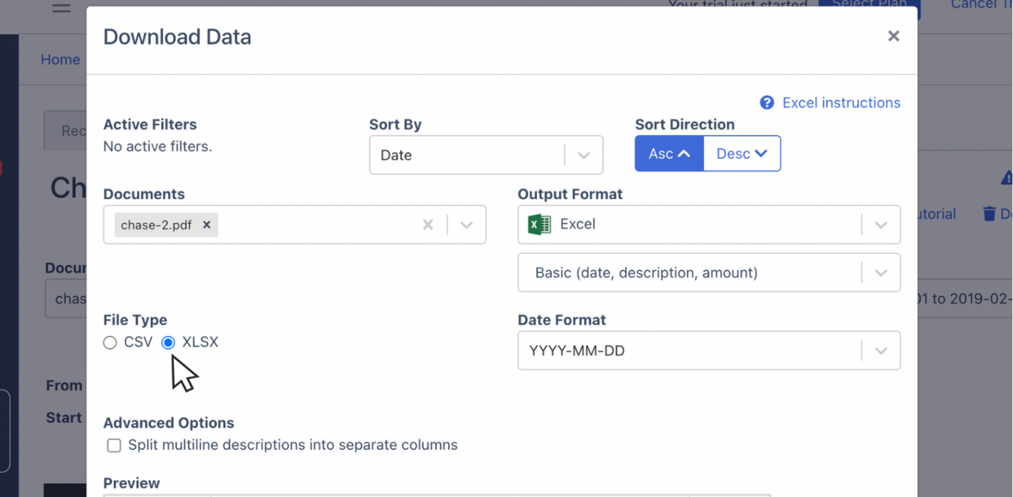 Export Chase bank statement as Excel