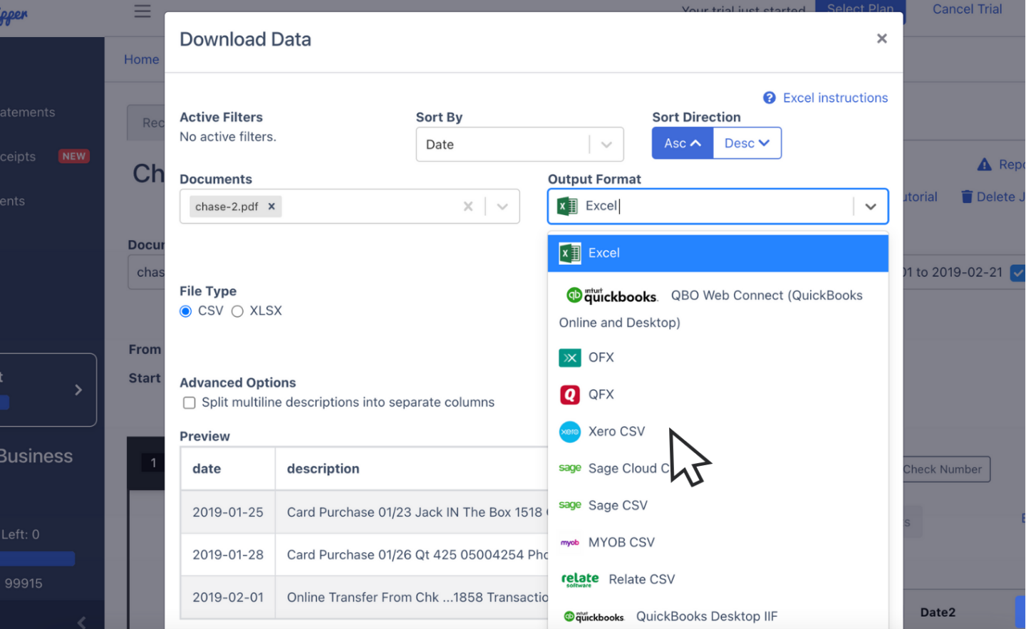 Export PDF to CSV for Xero