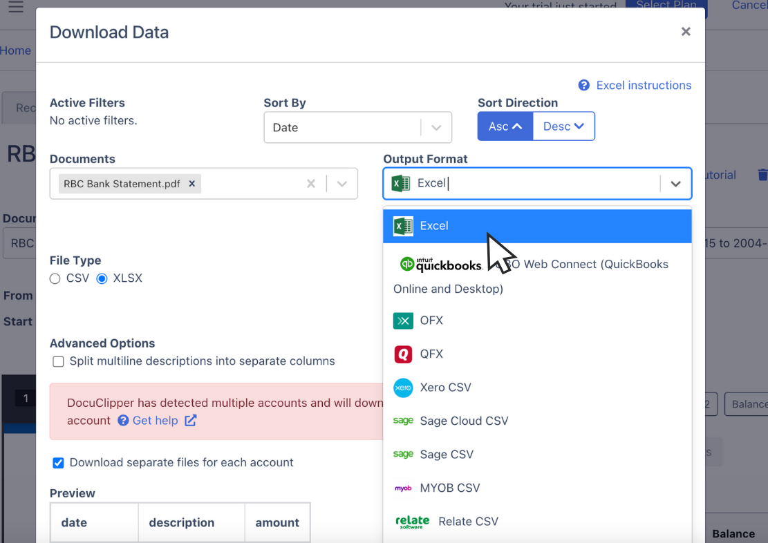 Export RBC Bank Statement as Excel