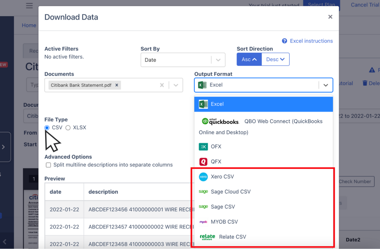 Export citibank bank statement as CSV