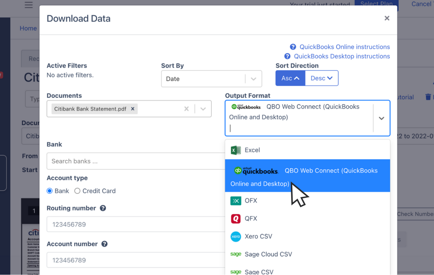 Export citibank bank statement as QBO