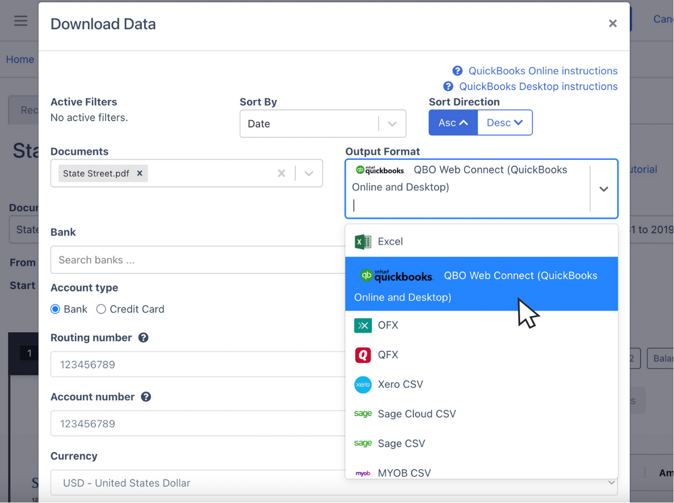 Export state street bank statement as QBO