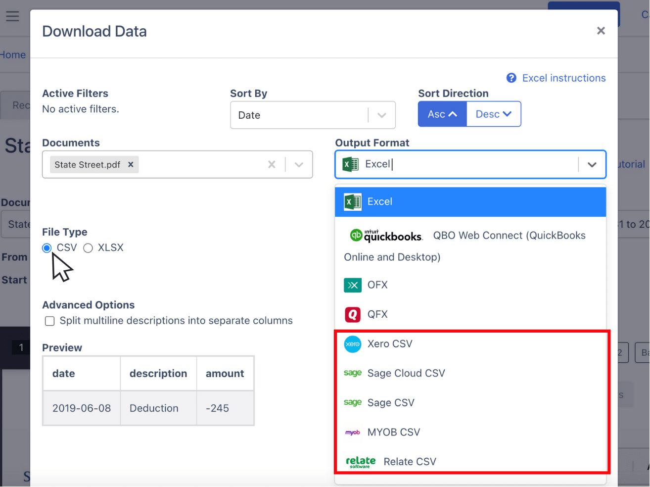 Export state street bank statement as csv