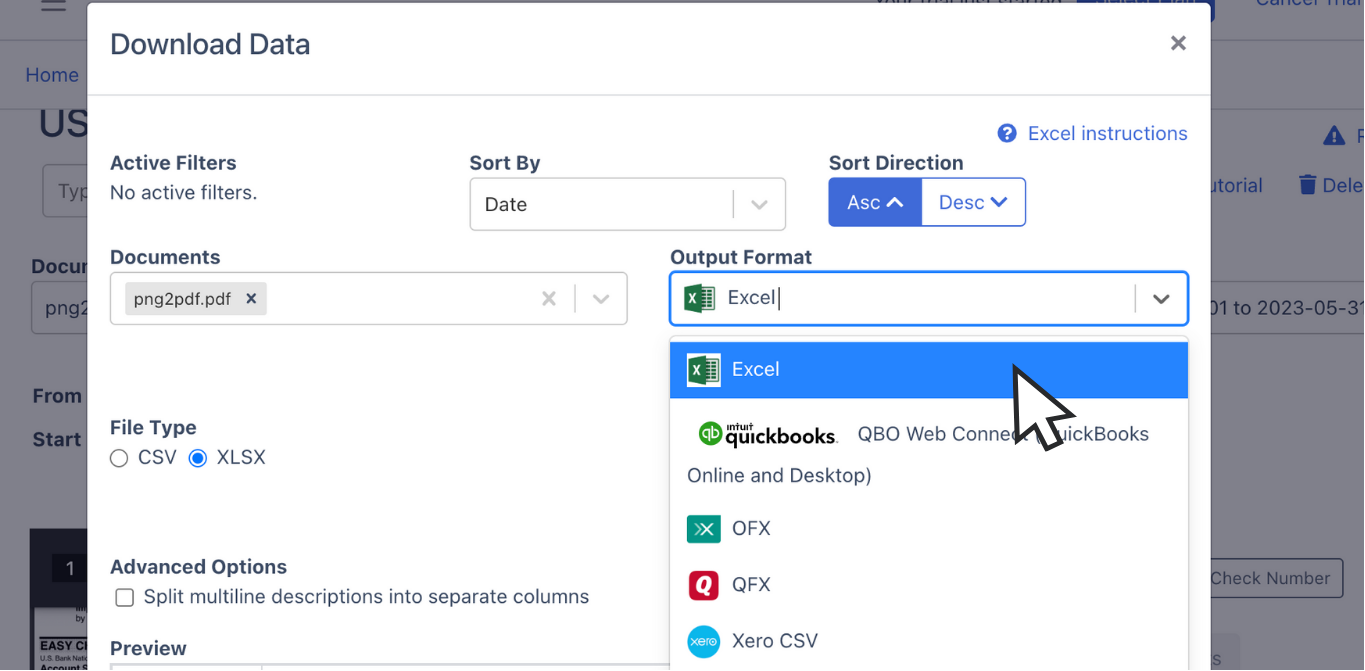 Export us bank bank statement to Excel