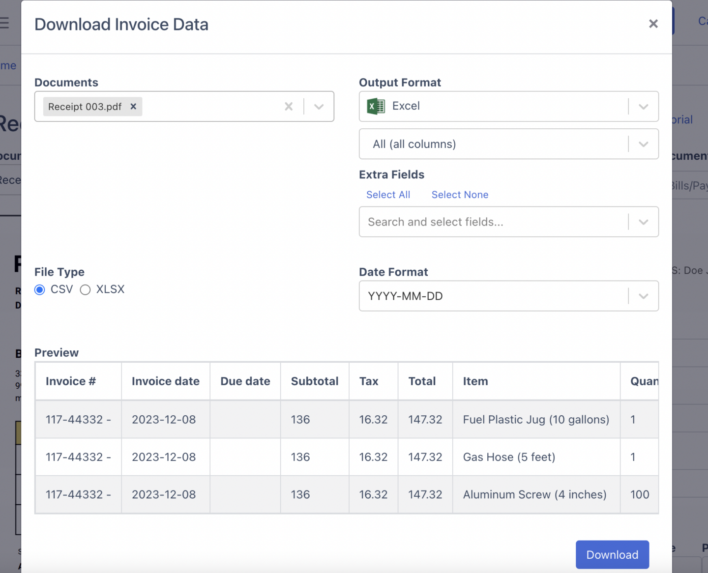 Import receipt data entry to accounting software