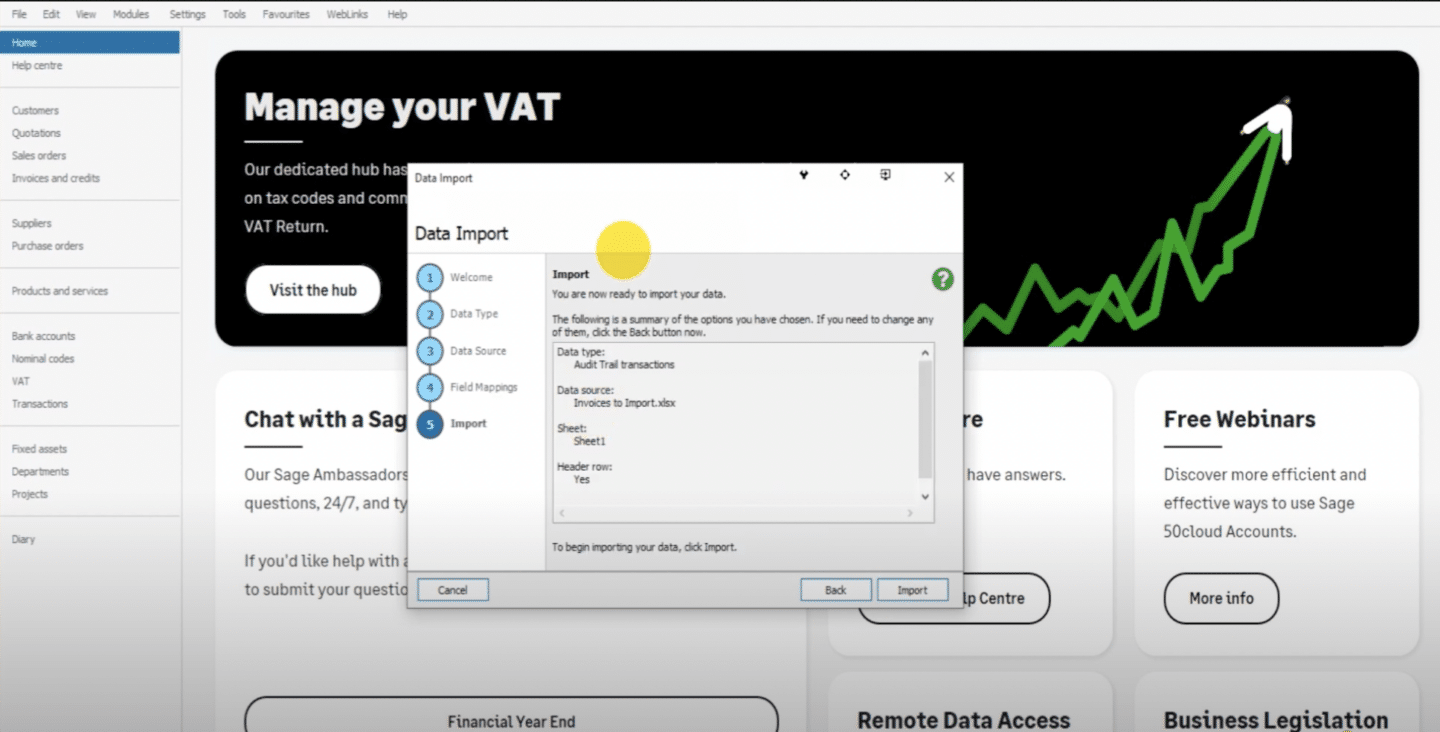 Import the CSV invoice data to Sage