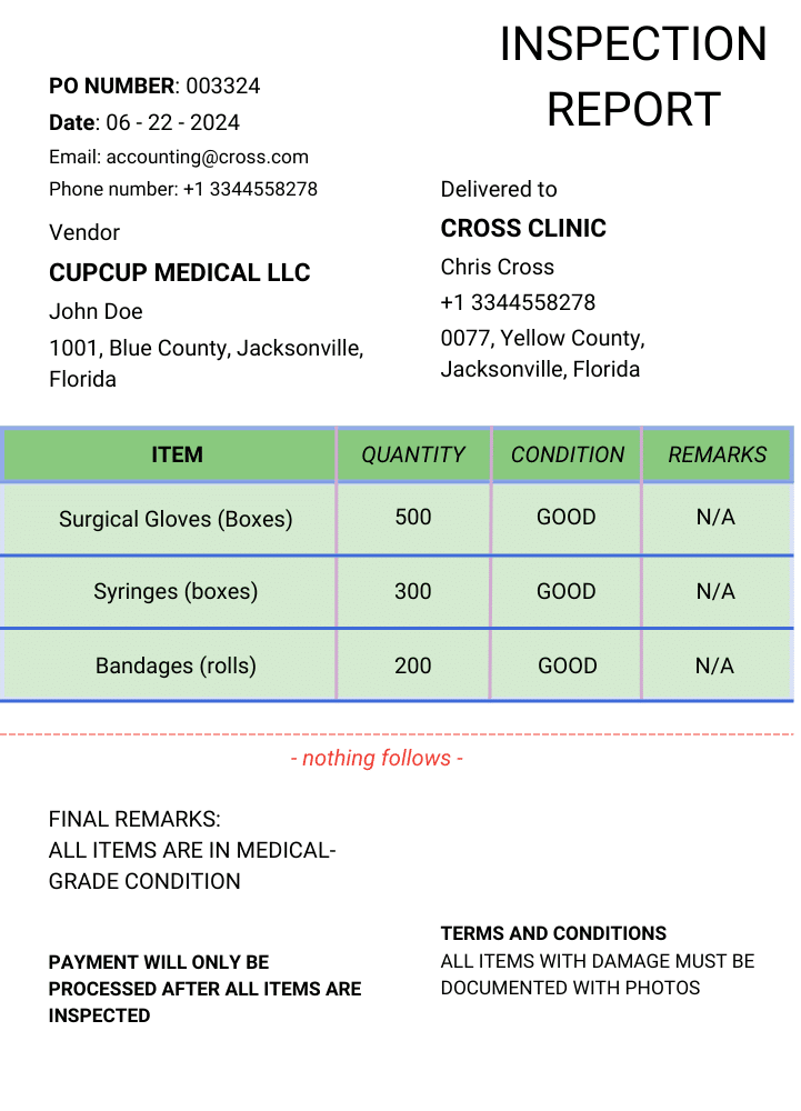 Inspection Report Example