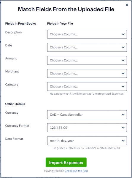 Match the fields to the columns in Freshbooks