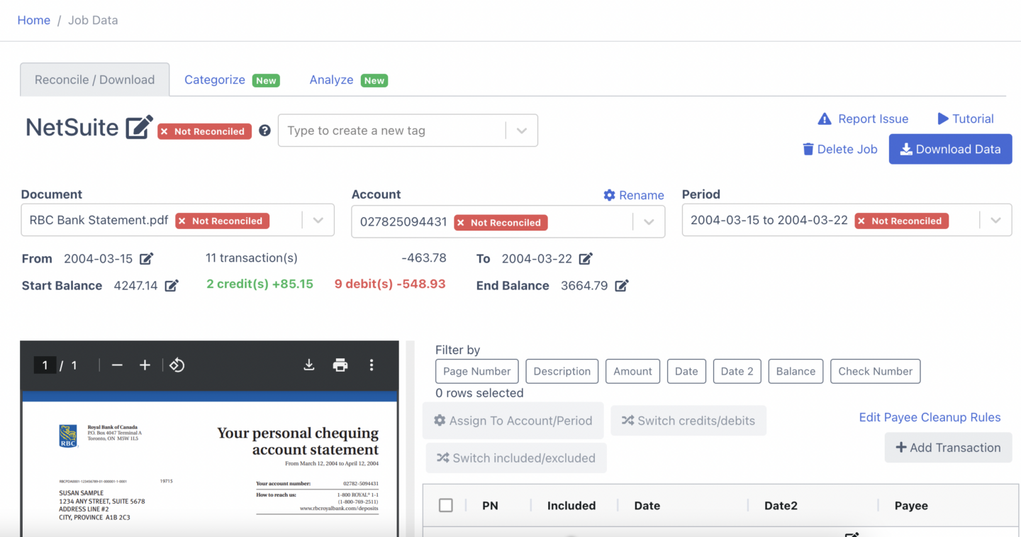 Not Reconciled Bank Statement for NetSuite