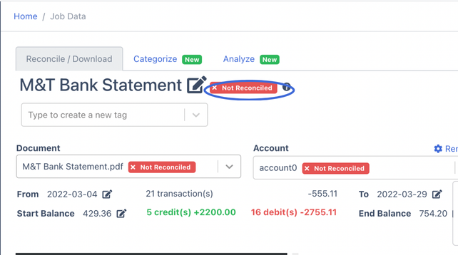 Not reconciled bank statement