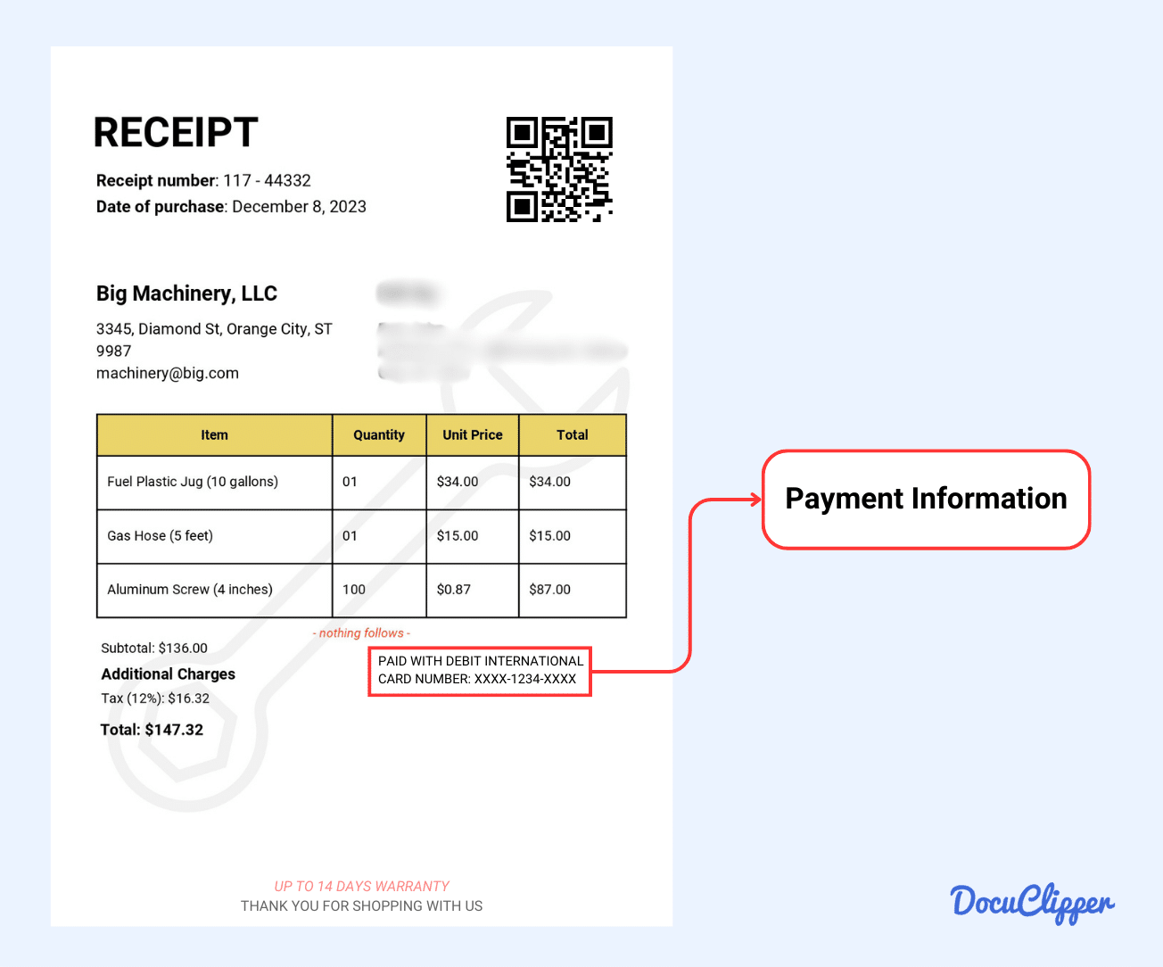 Payment information of a receipt