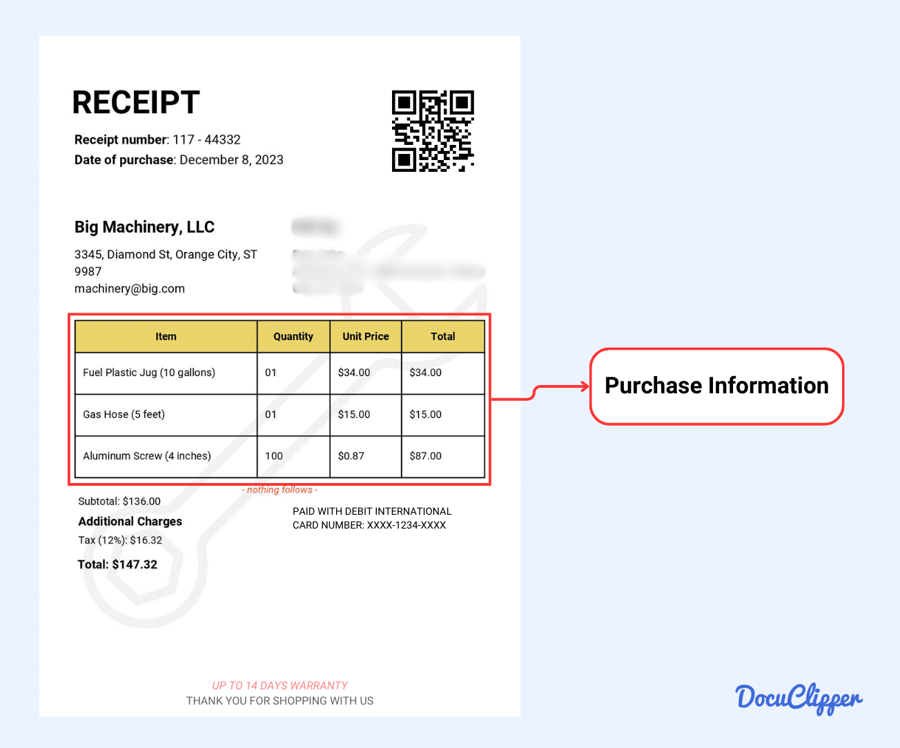 Purchase Information of a receipt