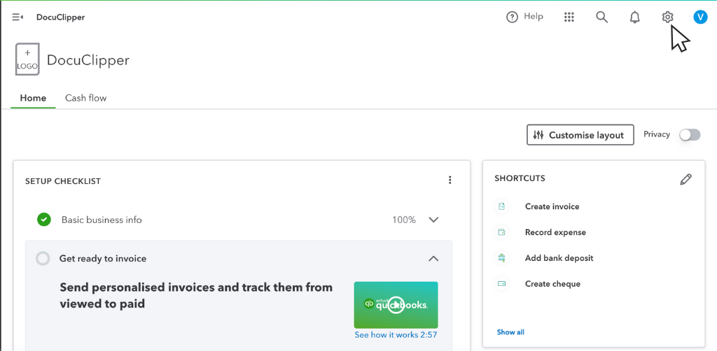 QuickBooks Dashboard - Click into gear icon