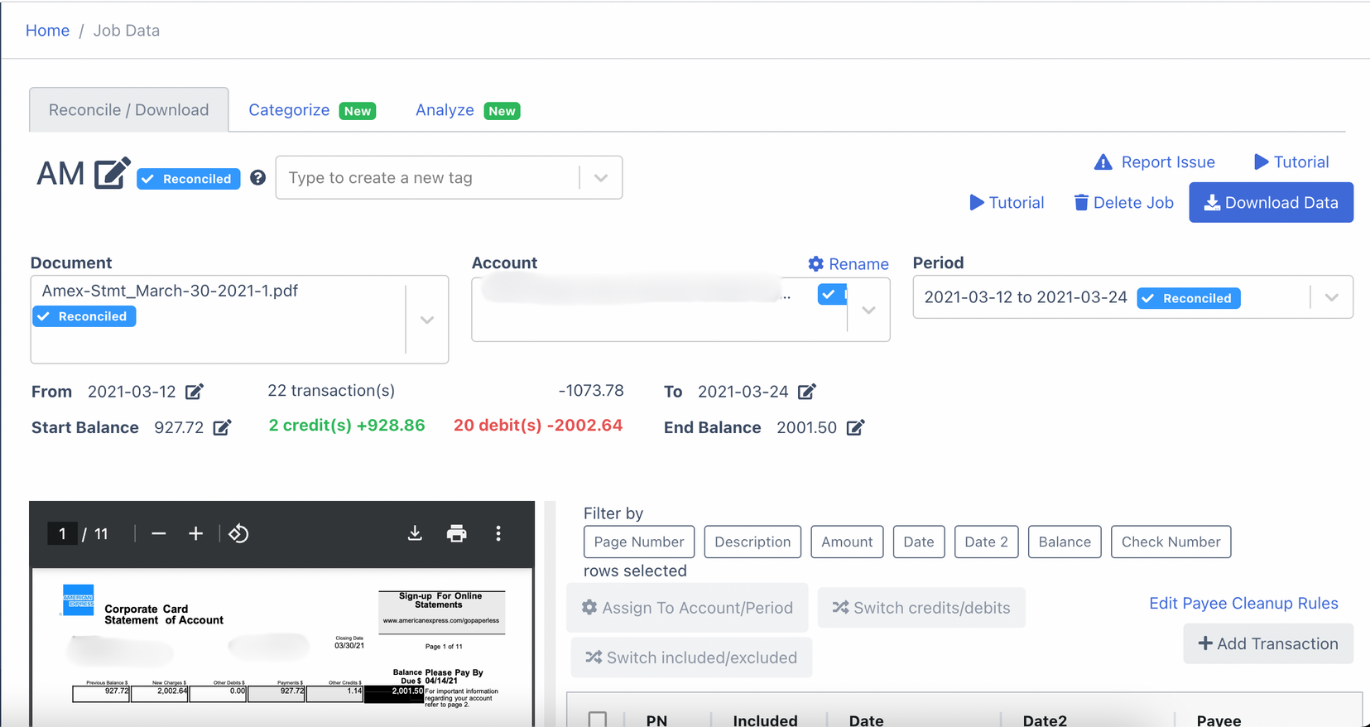 Reconciled Amex Bank Statement