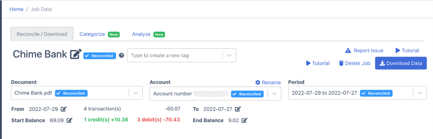 Reconciled Chime Bank Statement