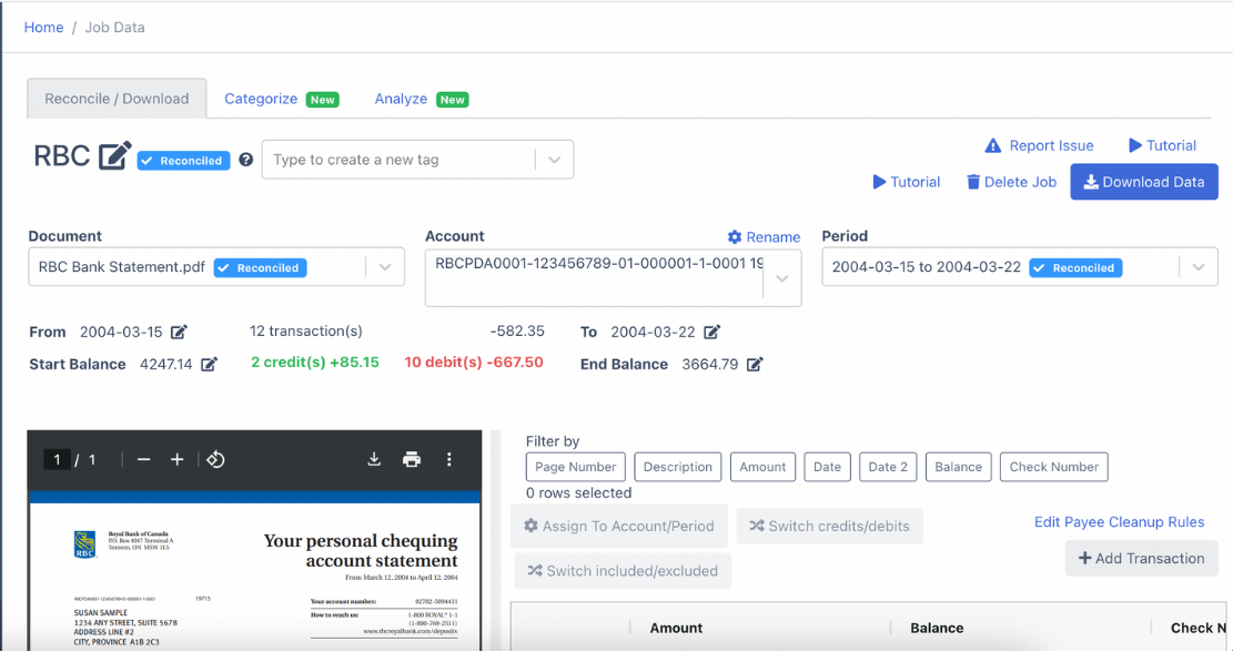 Reconciled RBC Bank Statement Data