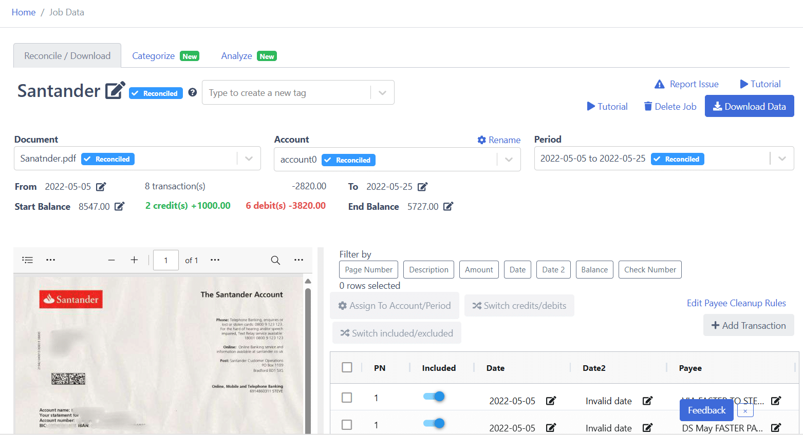 Reconciled Santander Bank statement