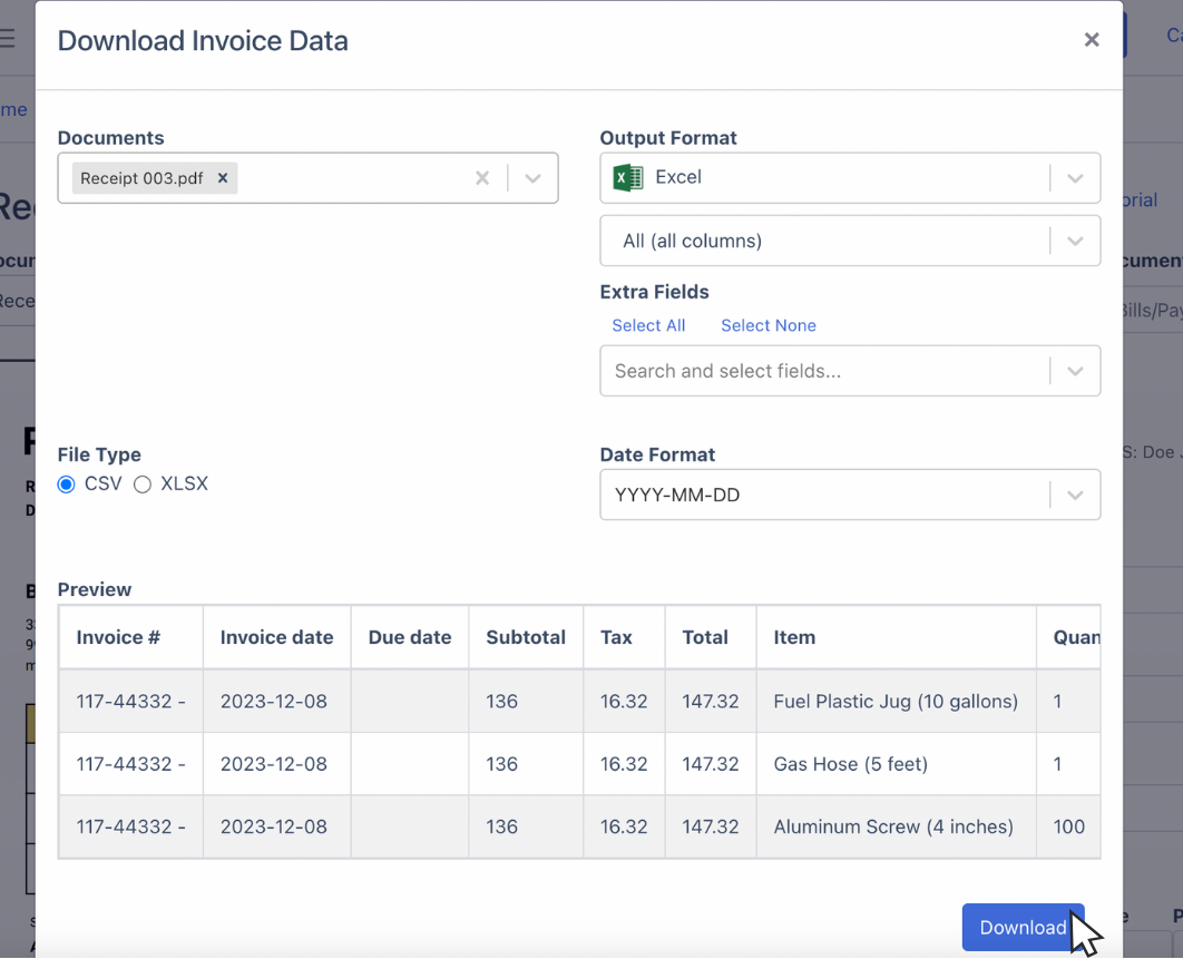 Review spreadsheet and click download