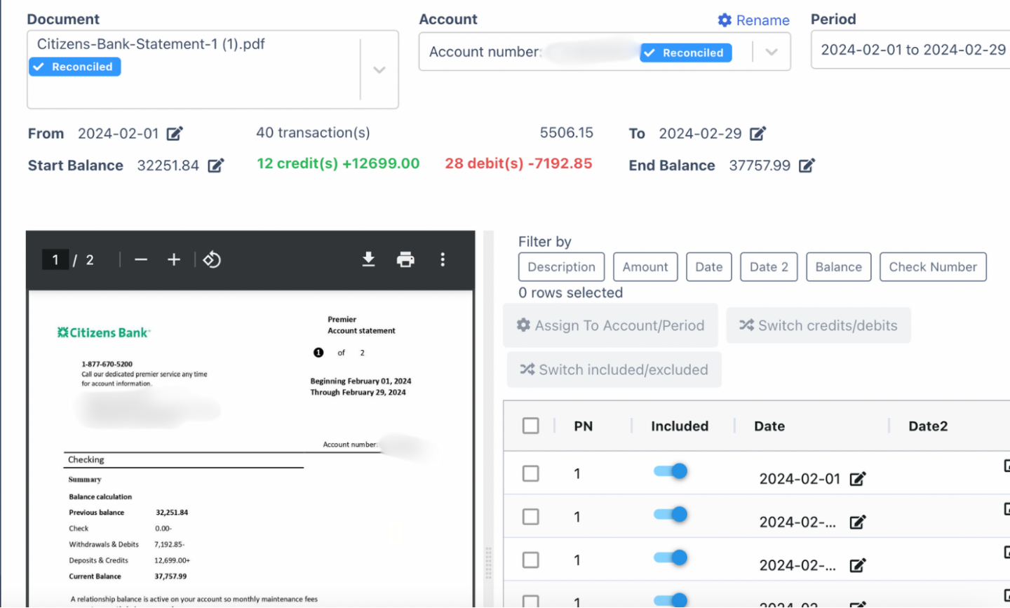 Side by side of Citizens bank statement and projected spreadsheet