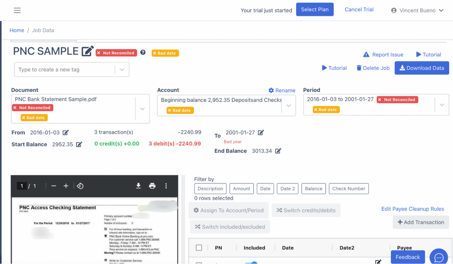 Side by side preview of bank statement and spreadsheet