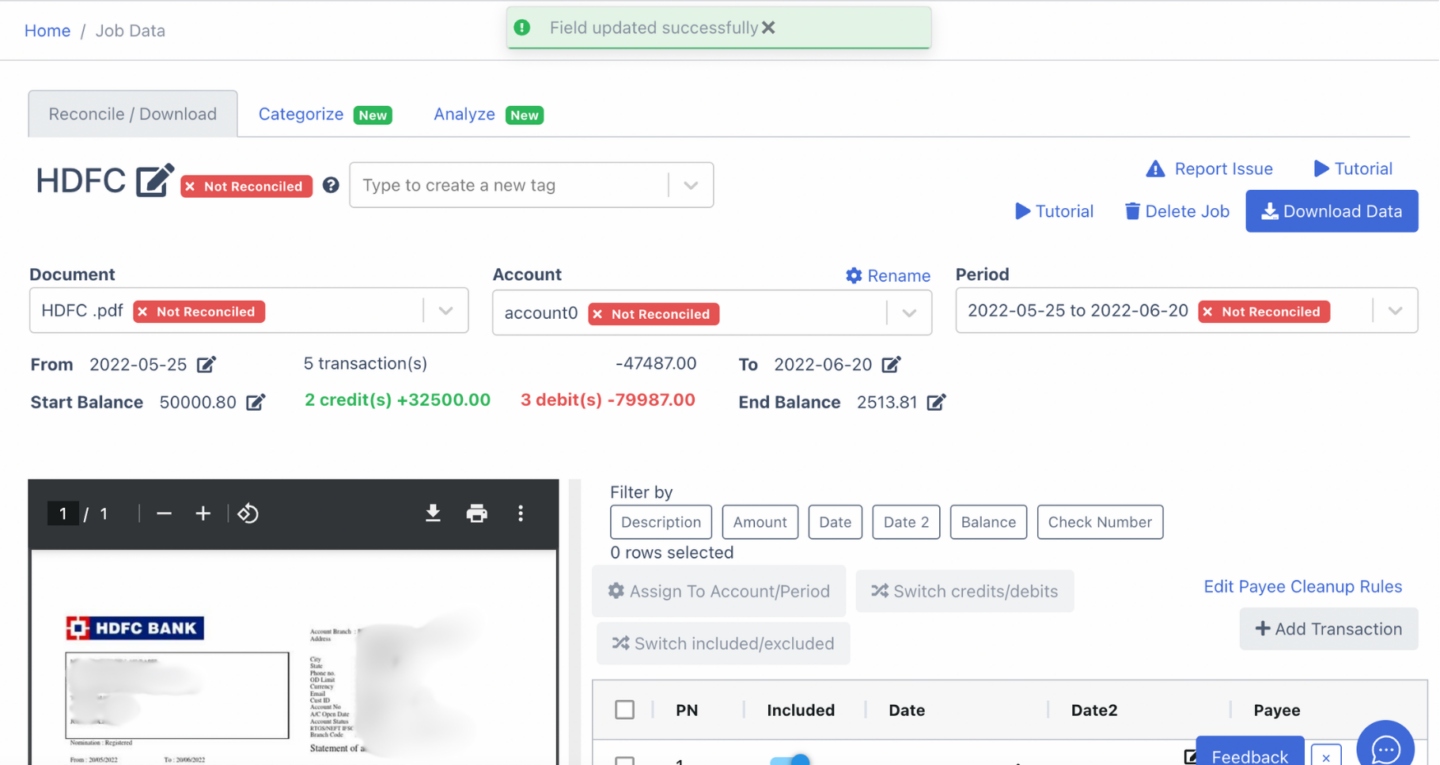 Side by side view of HDFC bank statement and Spreadsheet