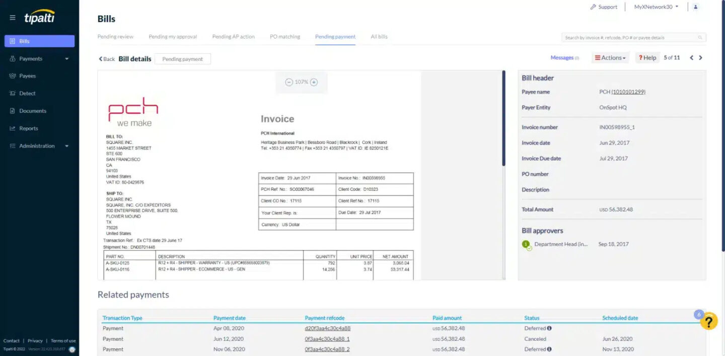 Tipalti automated invoicing user interface