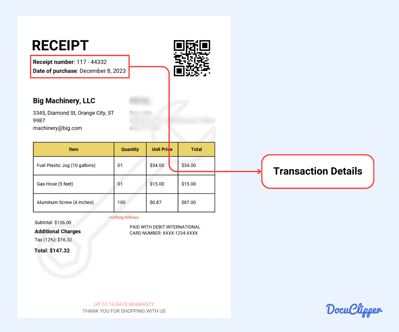 Transaction Details of a receipt