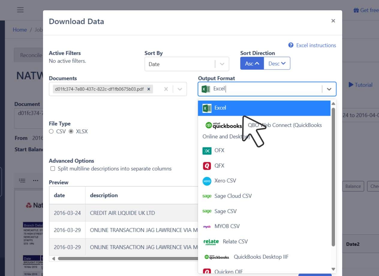 download Natwest data to Excel