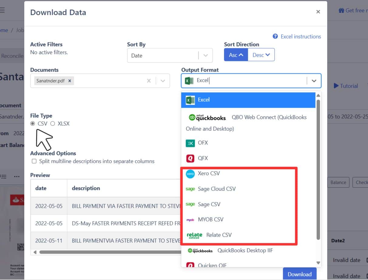 download Santander data to CSV