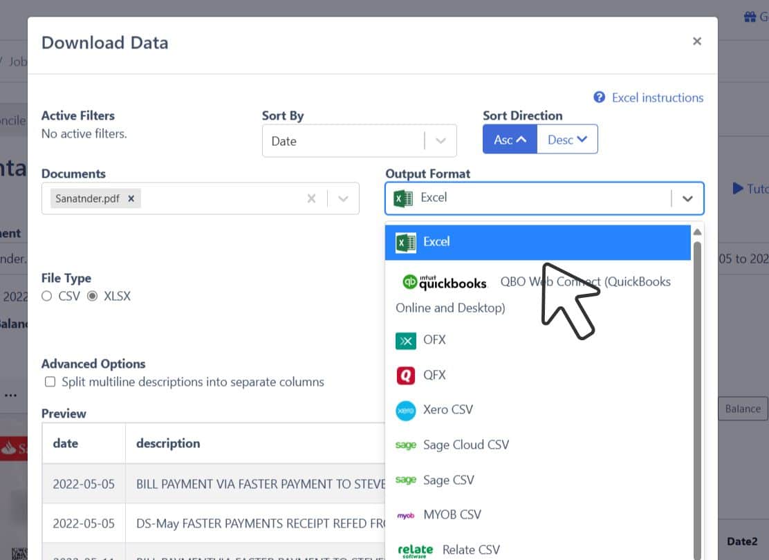 download Santander to Excel