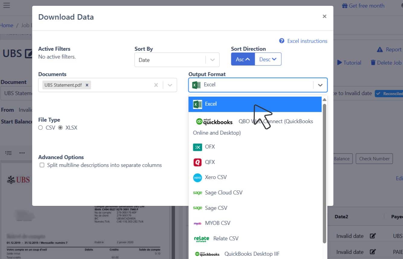 download UBS data to Excel