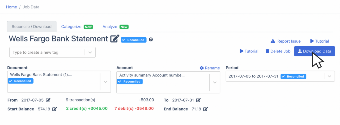 download data of Wells Fargo bank statement