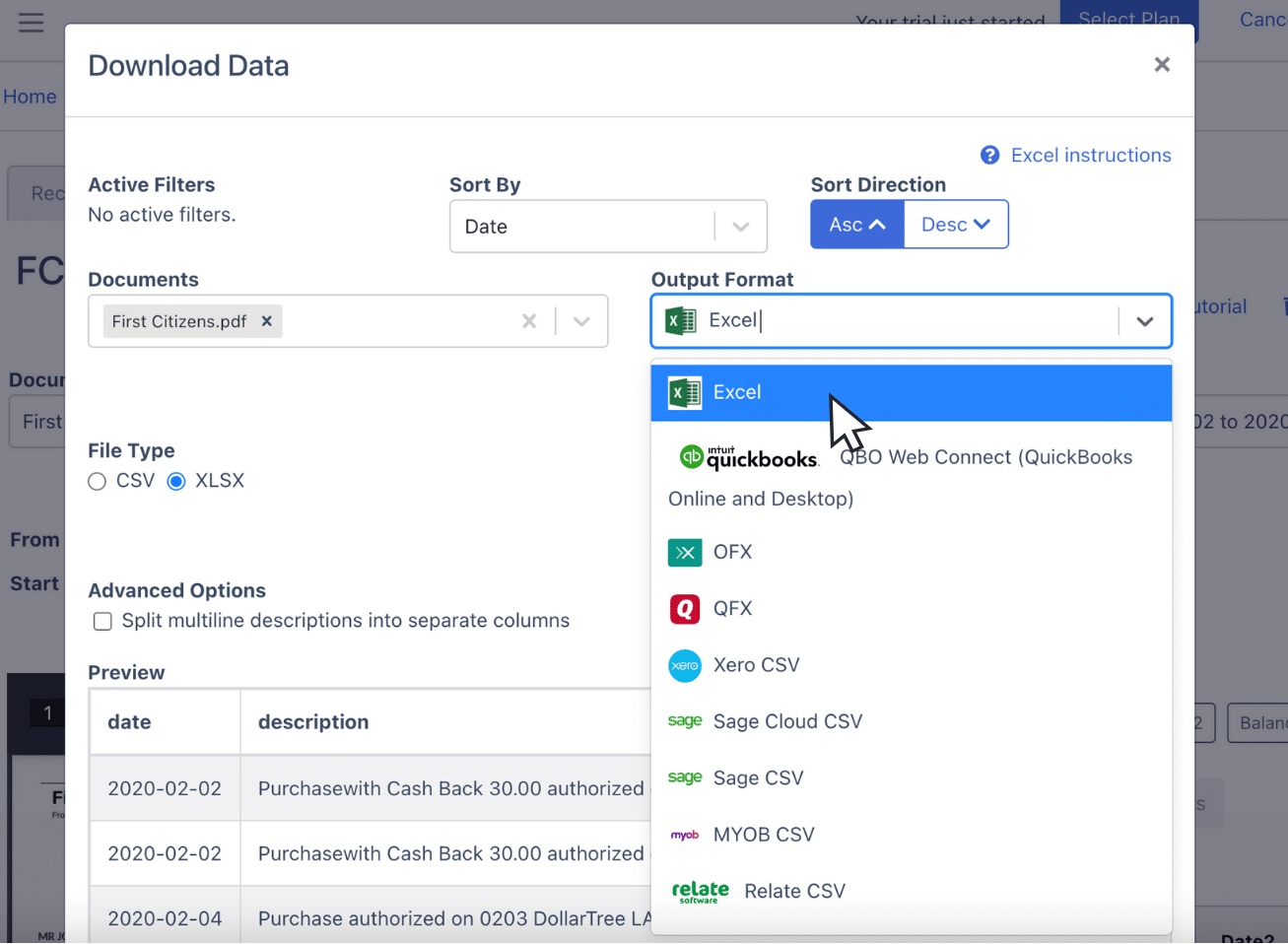 download first citizens bank statement to Excel