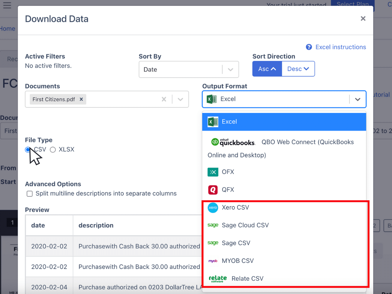 download first citizens bank statement to csv