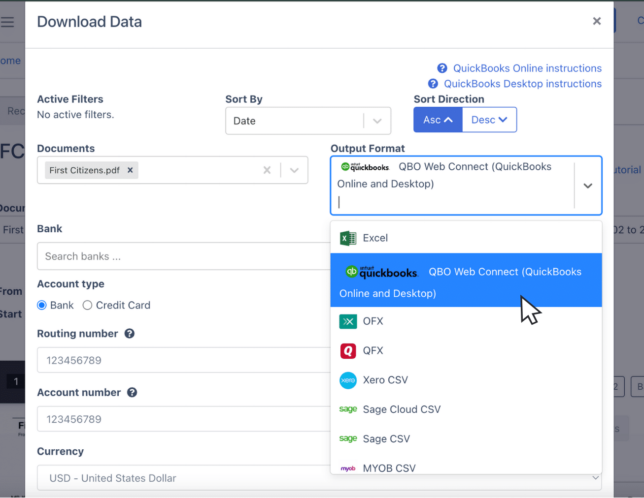 download first citizens bank statement to qbo