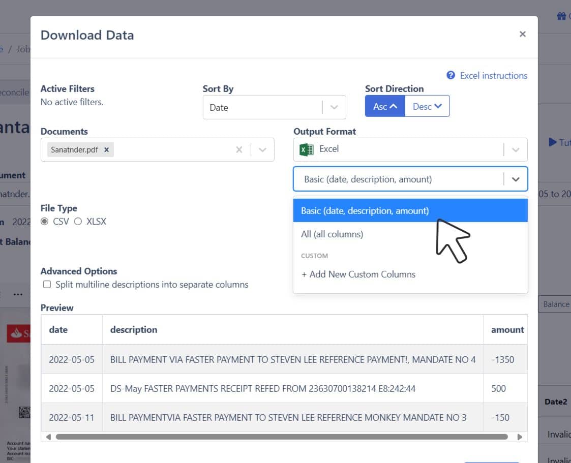 edit columns of Santander bank spreadsheet