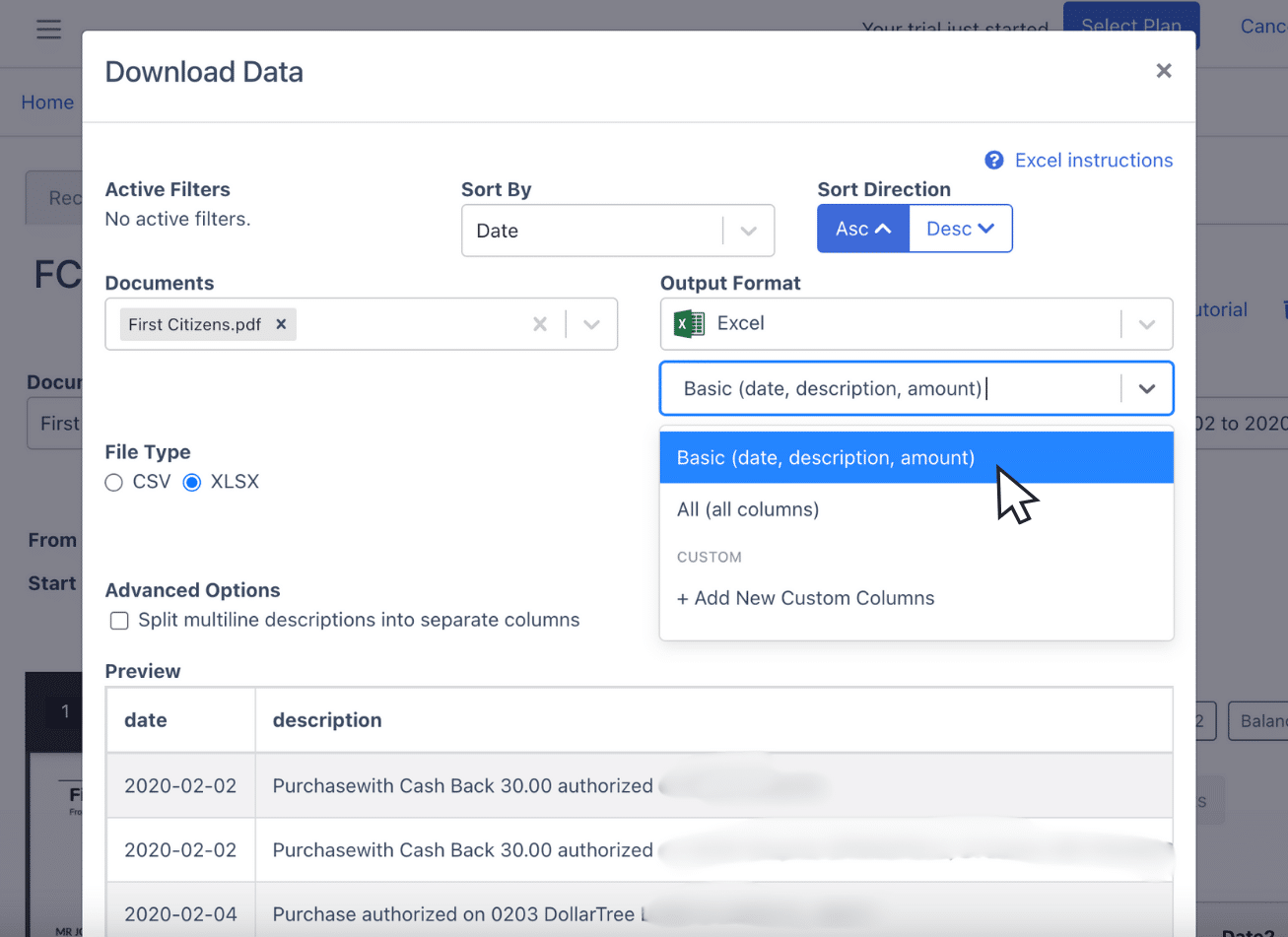 edit columns of first citizens bank statement spreadsheet