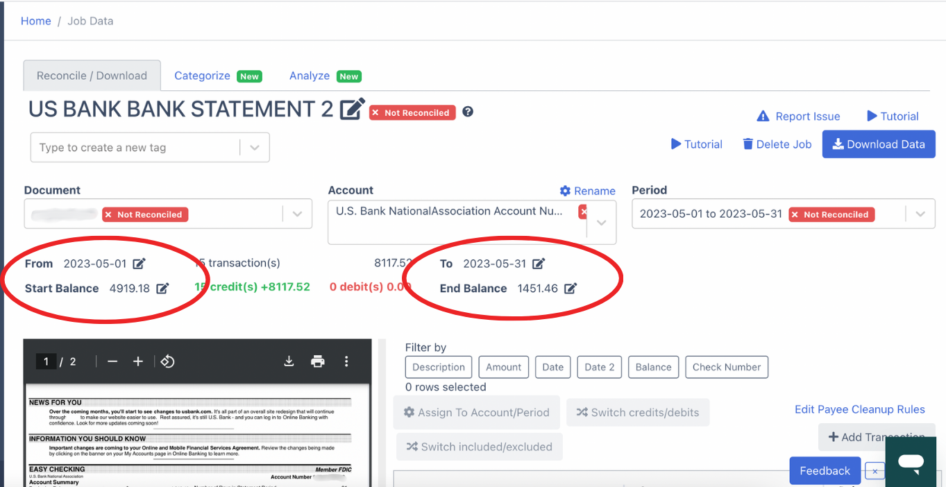 edit fields of US Bank Bank statement to reconcile