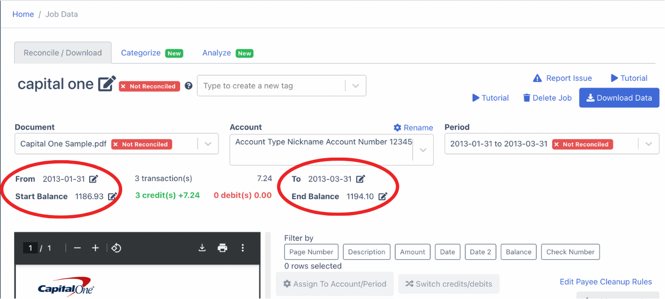 edit fields to reconcile capital one bank statement