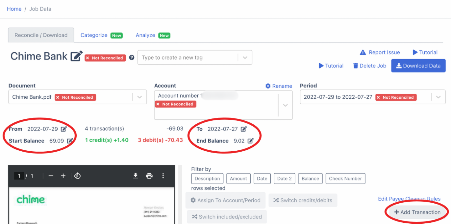 editable fields of your Chime Bank Statement