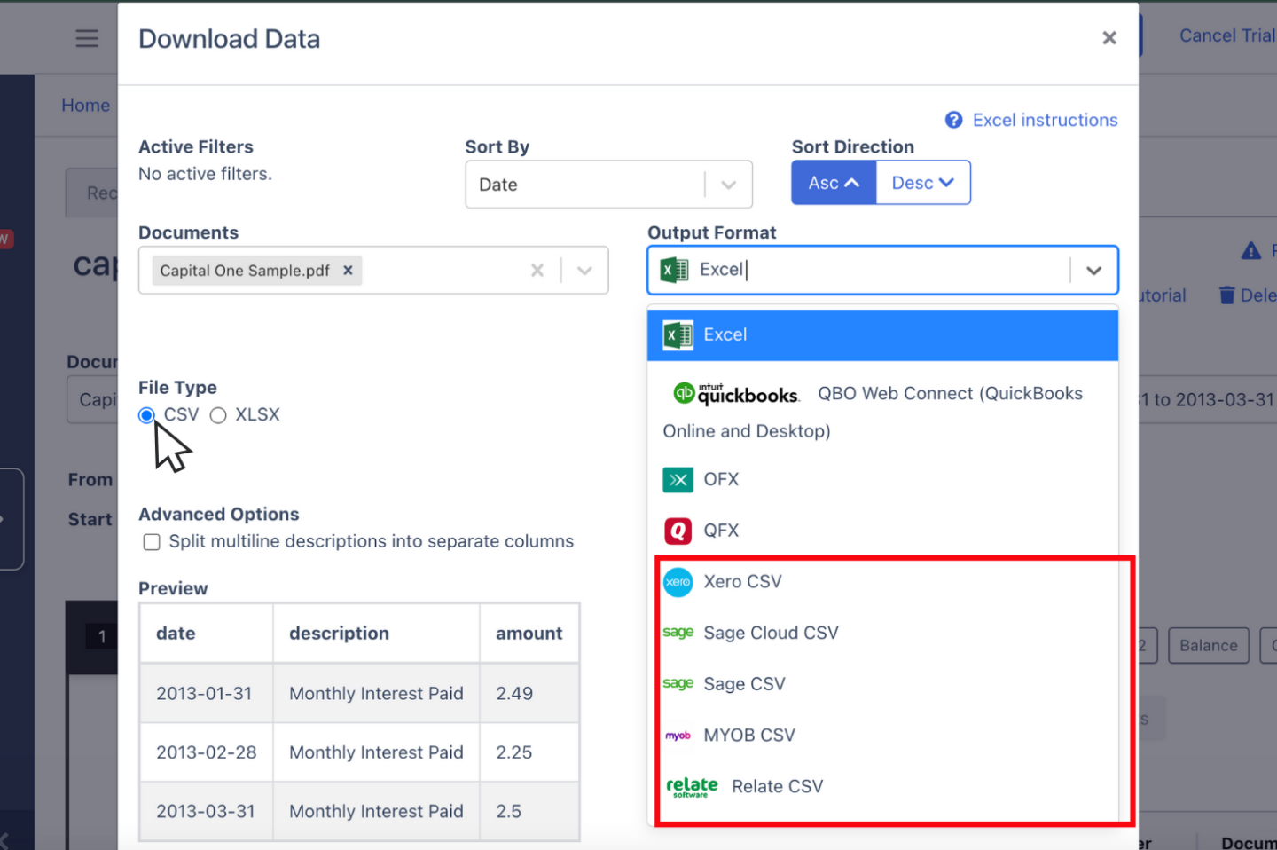 export capital one bank statement as CSV