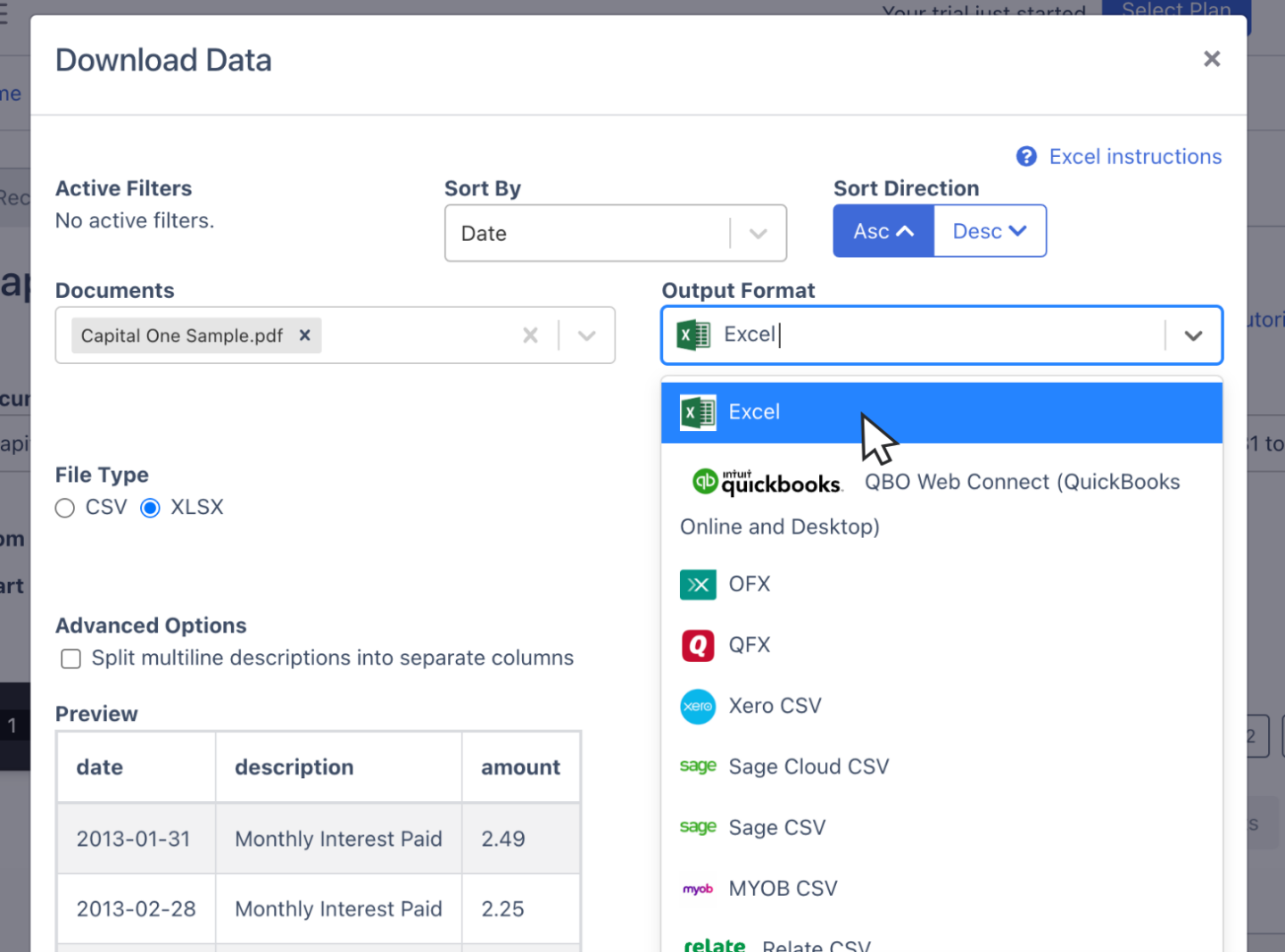 export capital one bank statement as Excel