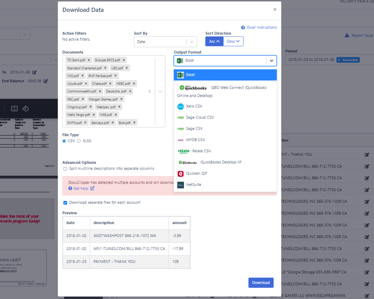 export pdf credit card statement to csv, excel, qbo, quicken, sage, xero, netsuite